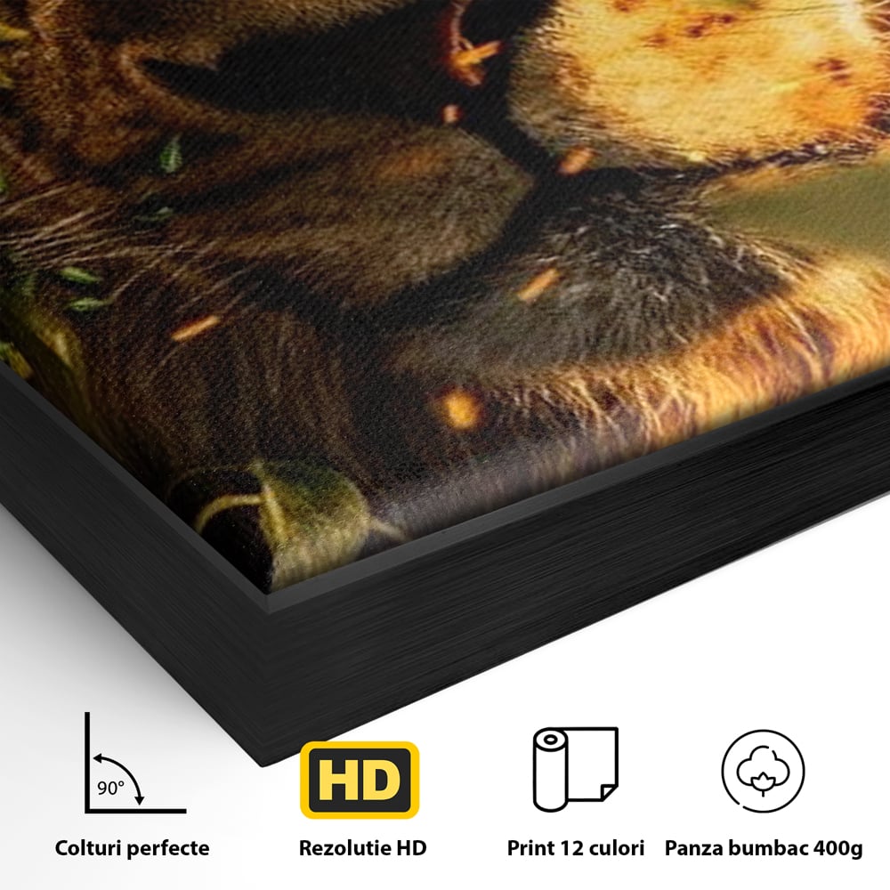 Tablou Canvas Premium, LuxCanva® M1374, Imparatul din Frunze, Natura, Jungla, Frunzis, Camuflaj, Vanator, Animal, Leu, Rege, Privire, Birou, Living, Camera Copil