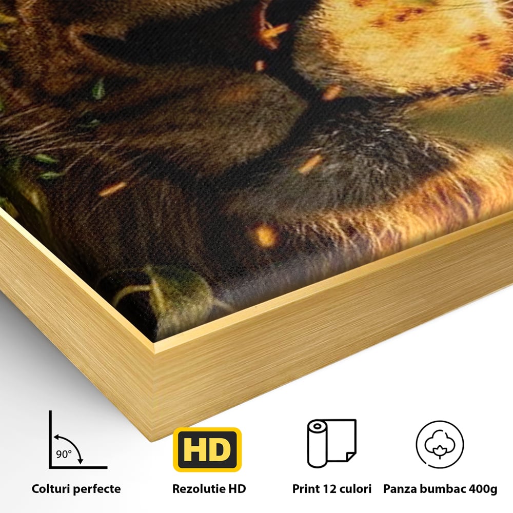 Tablou Canvas Premium, LuxCanva® M1374, Imparatul din Frunze, Natura, Jungla, Frunzis, Camuflaj, Vanator, Animal, Leu, Rege, Privire, Birou, Living, Camera Copil