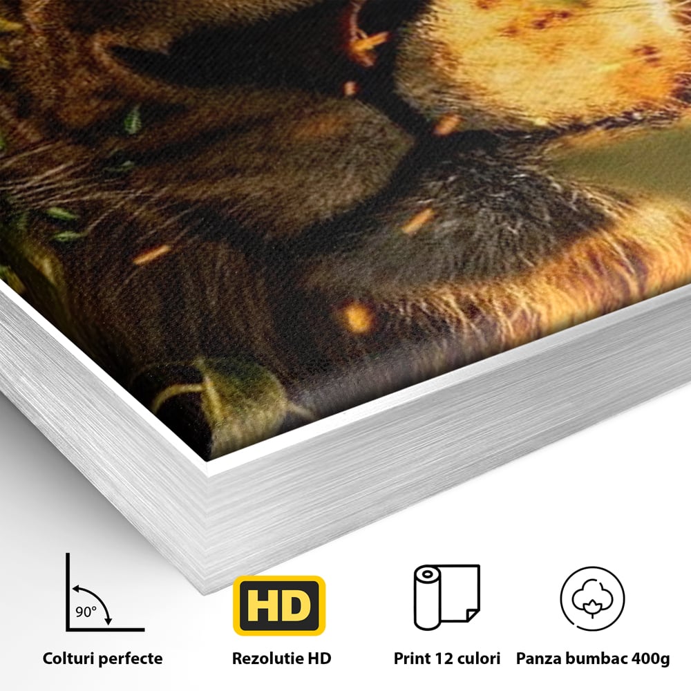 Tablou Canvas Premium, LuxCanva® M1374, Imparatul din Frunze, Natura, Jungla, Frunzis, Camuflaj, Vanator, Animal, Leu, Rege, Privire, Birou, Living, Camera Copil