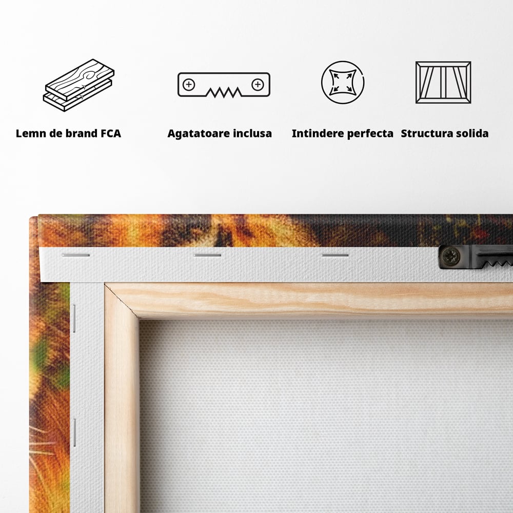 Tablou Canvas Premium, LuxCanva® M1374, Imparatul din Frunze, Natura, Jungla, Frunzis, Camuflaj, Vanator, Animal, Leu, Rege, Privire, Birou, Living, Camera Copil