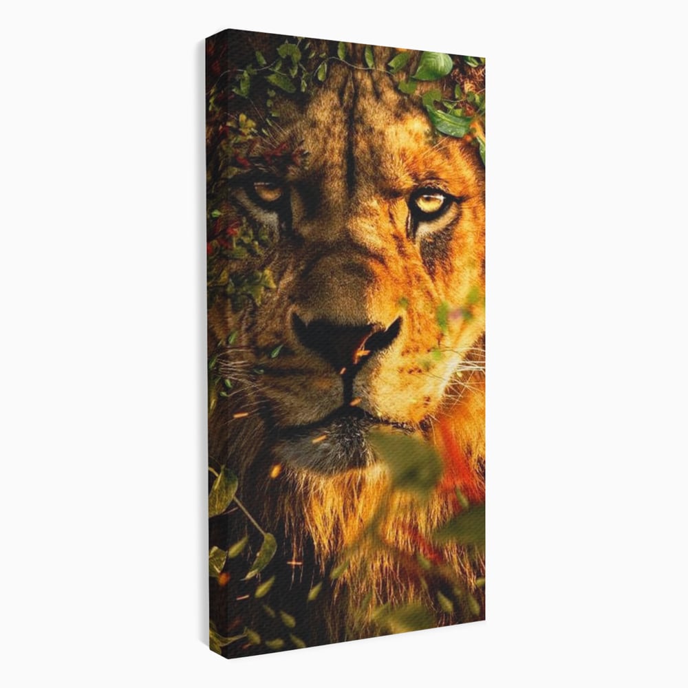 Tablou Canvas Premium, LuxCanva® M1374, Imparatul din Frunze, Natura, Jungla, Frunzis, Camuflaj, Vanator, Animal, Leu, Rege, Privire, Birou, Living, Camera Copil