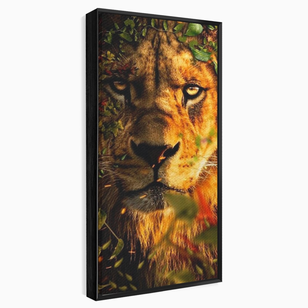 Tablou Canvas Premium, LuxCanva® M1374, Imparatul din Frunze, Natura, Jungla, Frunzis, Camuflaj, Vanator, Animal, Leu, Rege, Privire, Birou, Living, Camera Copil