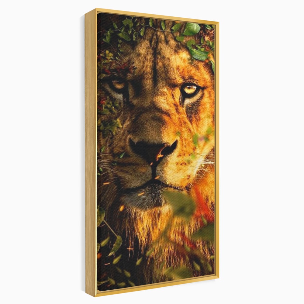 Tablou Canvas Premium, LuxCanva® M1374, Imparatul din Frunze, Natura, Jungla, Frunzis, Camuflaj, Vanator, Animal, Leu, Rege, Privire, Birou, Living, Camera Copil