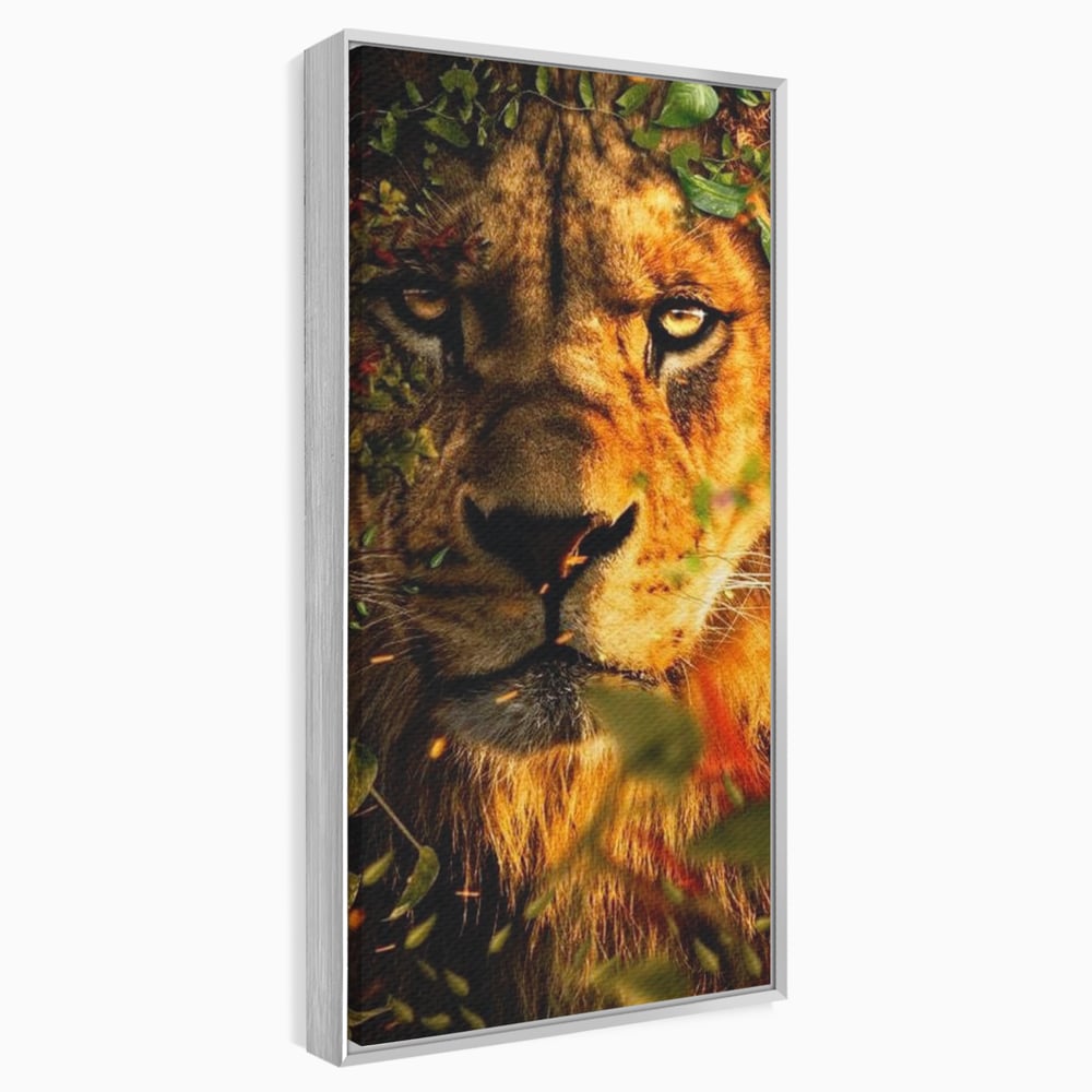 Tablou Canvas Premium, LuxCanva® M1374, Imparatul din Frunze, Natura, Jungla, Frunzis, Camuflaj, Vanator, Animal, Leu, Rege, Privire, Birou, Living, Camera Copil