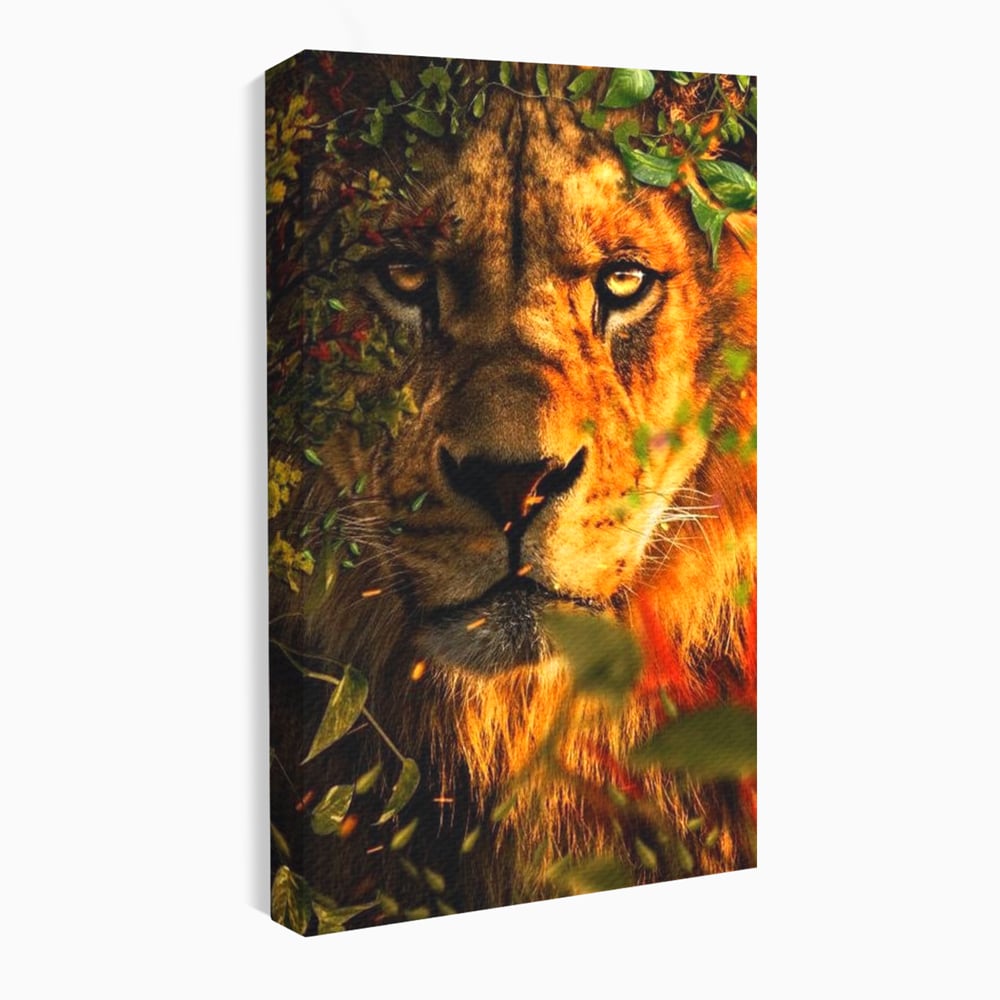 Tablou Canvas Premium, LuxCanva® M1374, Imparatul din Frunze, Natura, Jungla, Frunzis, Camuflaj, Vanator, Animal, Leu, Rege, Privire, Birou, Living, Camera Copil