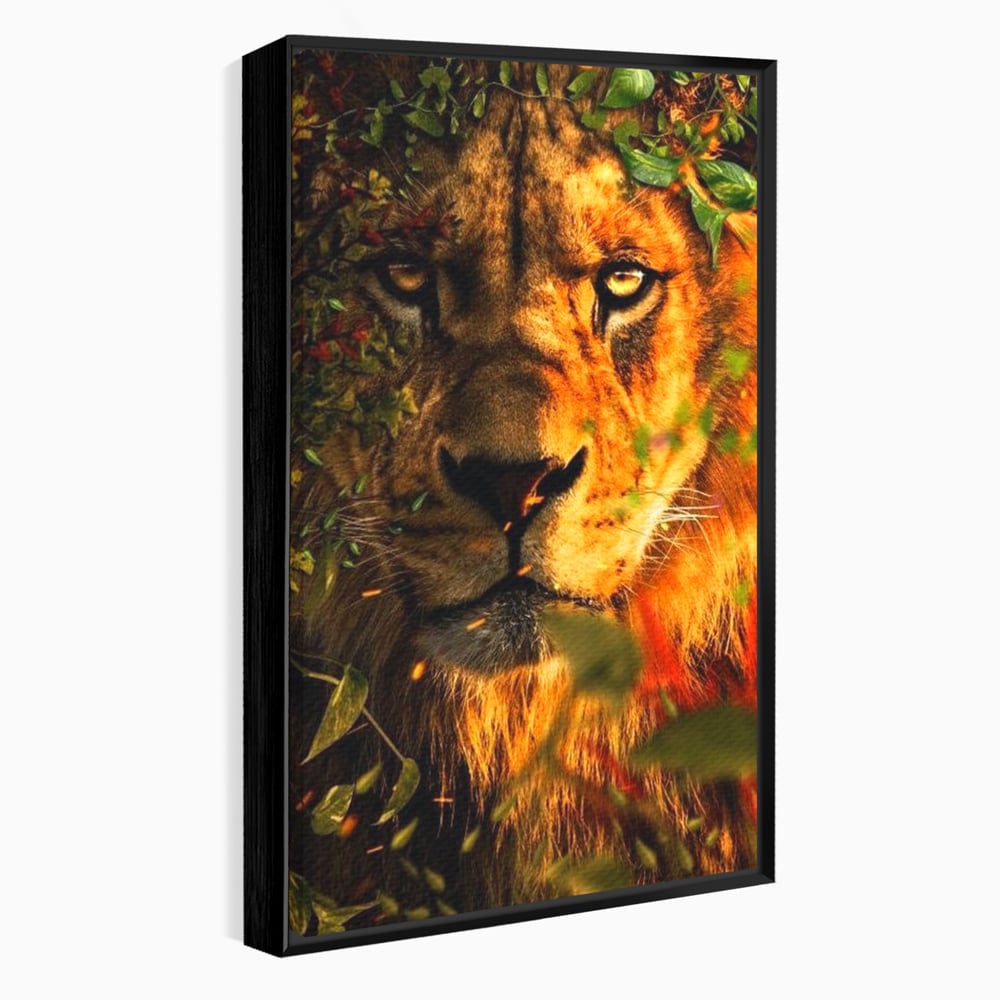 Tablou Canvas Premium, LuxCanva® M1374, Imparatul din Frunze, Natura, Jungla, Frunzis, Camuflaj, Vanator, Animal, Leu, Rege, Privire, Birou, Living, Camera Copil