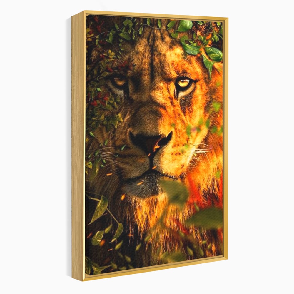 Tablou Canvas Premium, LuxCanva® M1374, Imparatul din Frunze, Natura, Jungla, Frunzis, Camuflaj, Vanator, Animal, Leu, Rege, Privire, Birou, Living, Camera Copil