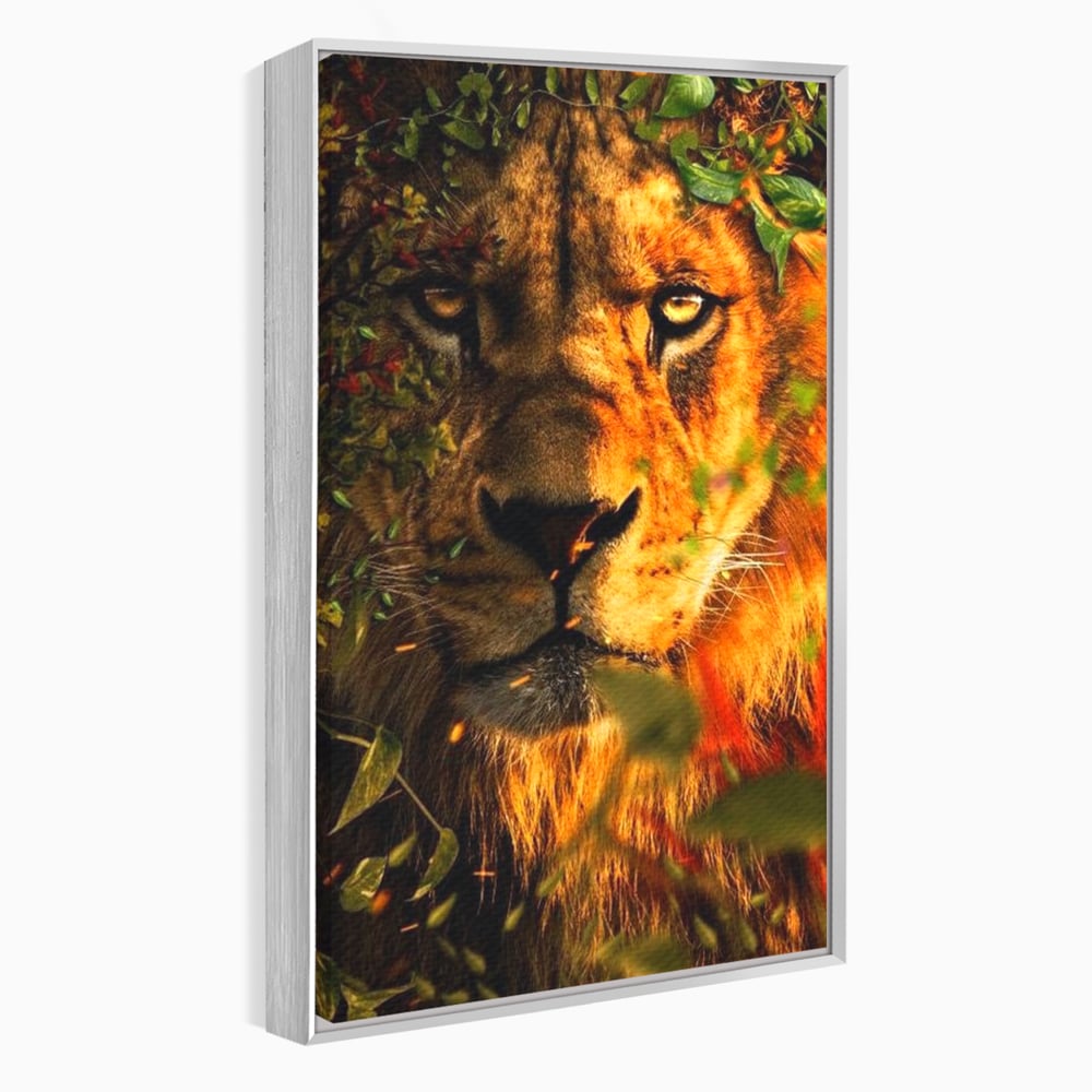 Tablou Canvas Premium, LuxCanva® M1374, Imparatul din Frunze, Natura, Jungla, Frunzis, Camuflaj, Vanator, Animal, Leu, Rege, Privire, Birou, Living, Camera Copil
