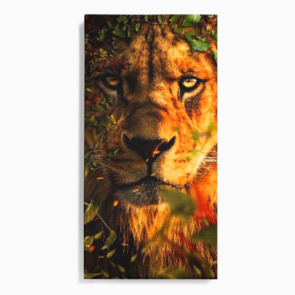 Tablou Canvas Premium, LuxCanva® M1374, Imparatul din Frunze, Natura, Jungla, Frunzis, Camuflaj, Vanator, Animal, Leu, Rege, Privire, Birou, Living, Camera Copil