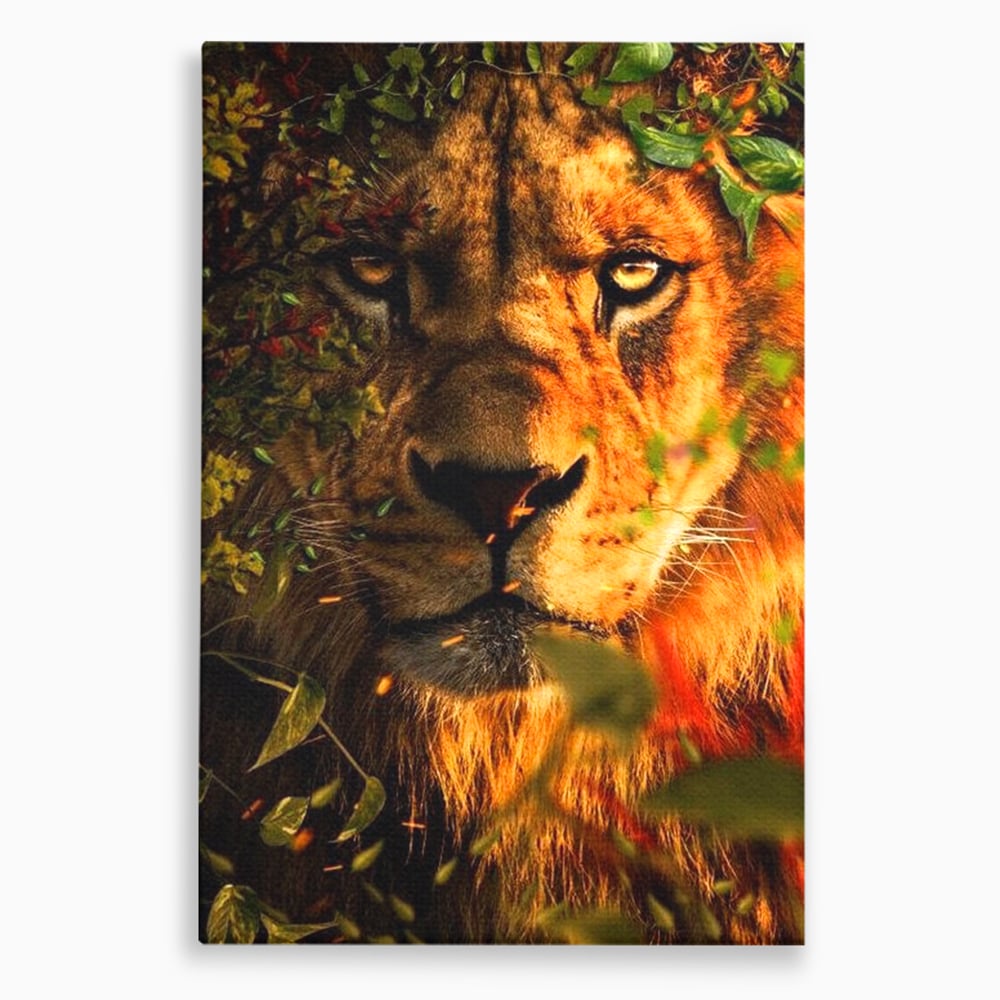 Tablou Canvas Premium, LuxCanva® M1374, Imparatul din Frunze, Natura, Jungla, Frunzis, Camuflaj, Vanator, Animal, Leu, Rege, Privire, Birou, Living, Camera Copil