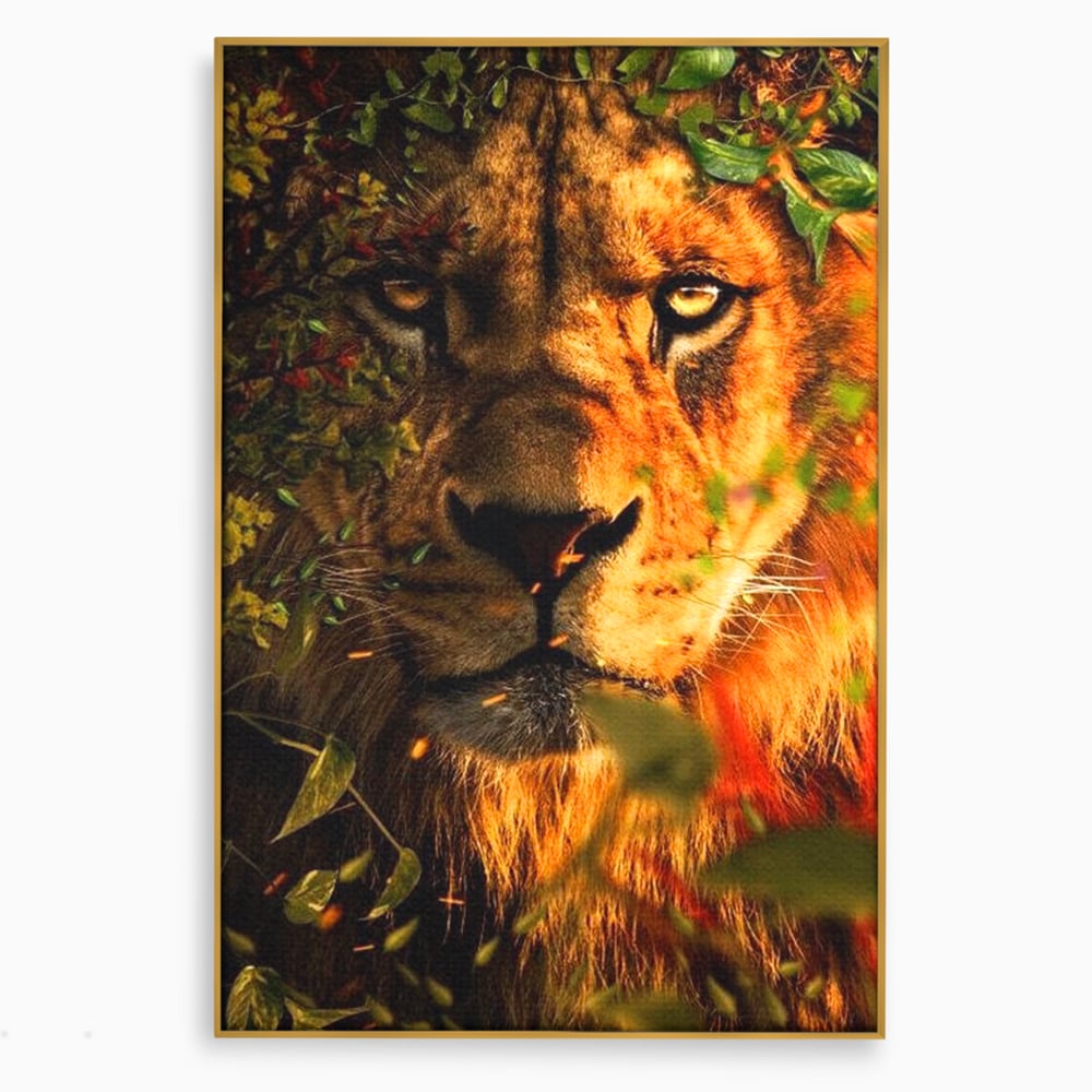 Tablou Canvas Premium, LuxCanva® M1374, Imparatul din Frunze, Natura, Jungla, Frunzis, Camuflaj, Vanator, Animal, Leu, Rege, Privire, Birou, Living, Camera Copil