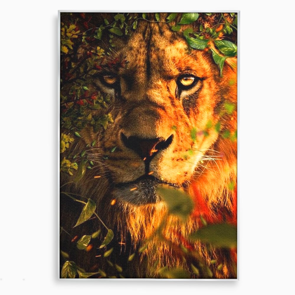 Tablou Canvas Premium, LuxCanva® M1374, Imparatul din Frunze, Natura, Jungla, Frunzis, Camuflaj, Vanator, Animal, Leu, Rege, Privire, Birou, Living, Camera Copil