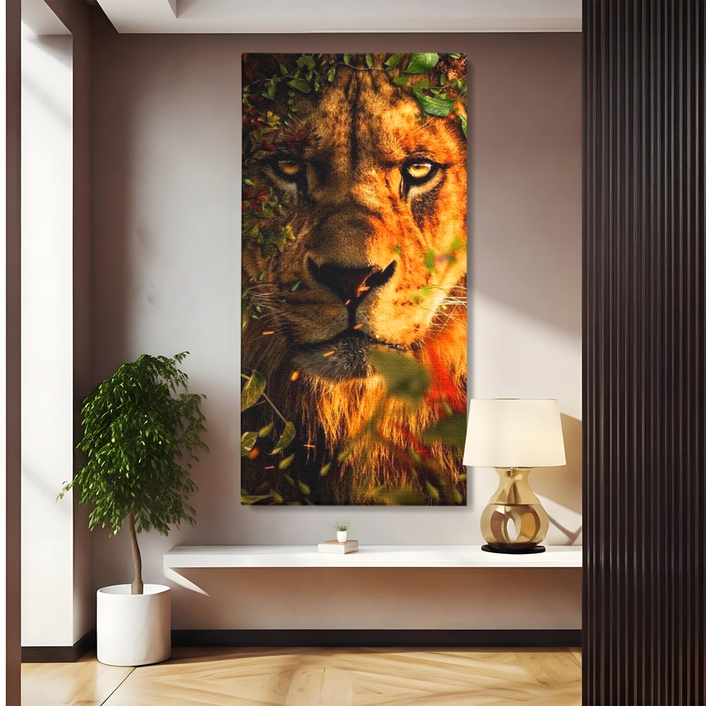 Tablou Canvas Premium, LuxCanva® M1374, Imparatul din Frunze, Natura, Jungla, Frunzis, Camuflaj, Vanator, Animal, Leu, Rege, Privire, Birou, Living, Camera Copil