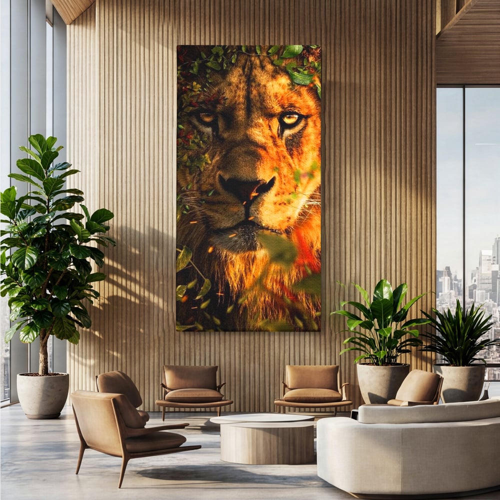 Tablou Canvas Premium, LuxCanva® M1374, Imparatul din Frunze, Natura, Jungla, Frunzis, Camuflaj, Vanator, Animal, Leu, Rege, Privire, Birou, Living, Camera Copil