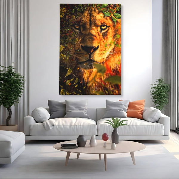 Tablou Canvas Premium, LuxCanva® M1374, Imparatul din Frunze, Natura, Jungla, Frunzis, Camuflaj, Vanator, Animal, Leu, Rege, Privire, Birou, Living, Camera Copil