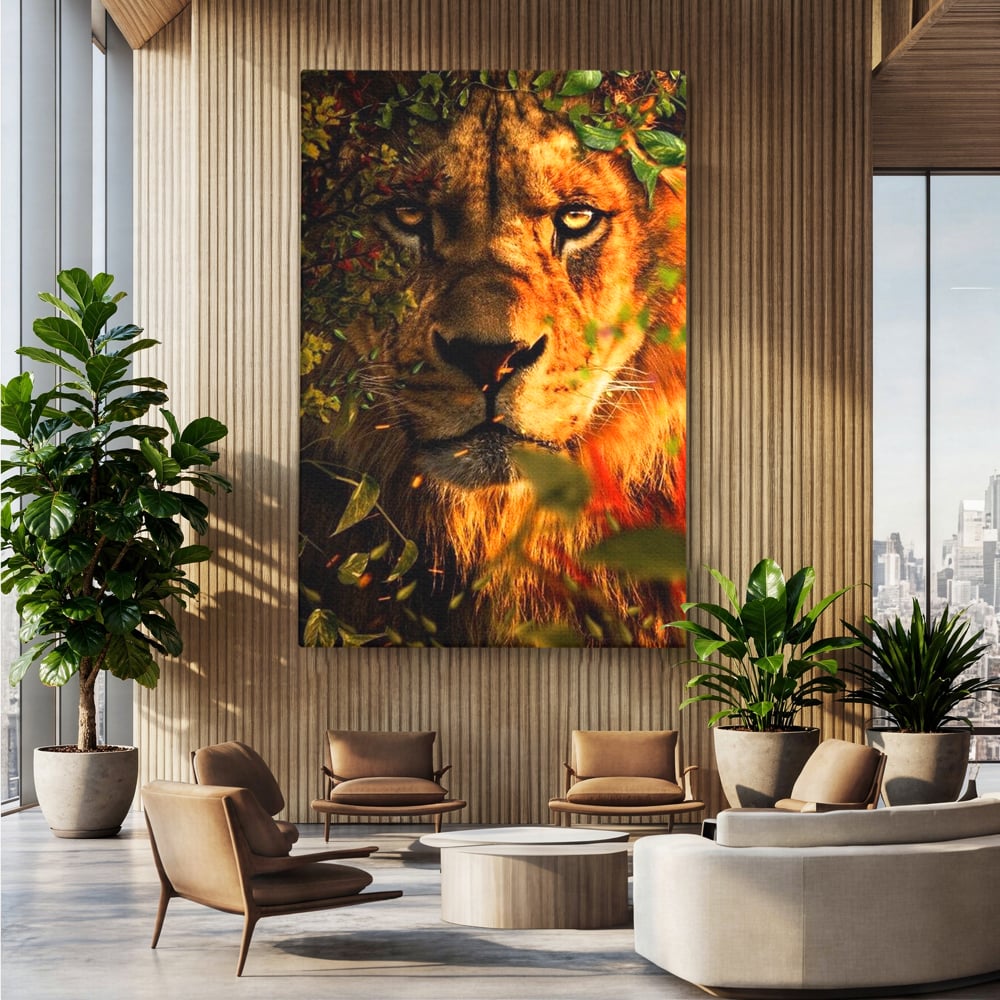 Tablou Canvas Premium, LuxCanva® M1374, Imparatul din Frunze, Natura, Jungla, Frunzis, Camuflaj, Vanator, Animal, Leu, Rege, Privire, Birou, Living, Camera Copil
