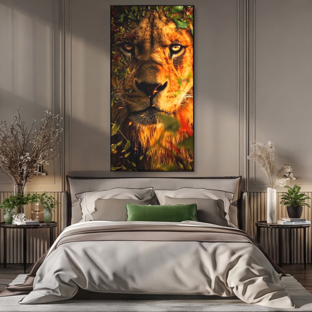 Tablou Canvas Premium, LuxCanva® M1374, Imparatul din Frunze, Natura, Jungla, Frunzis, Camuflaj, Vanator, Animal, Leu, Rege, Privire, Birou, Living, Camera Copil