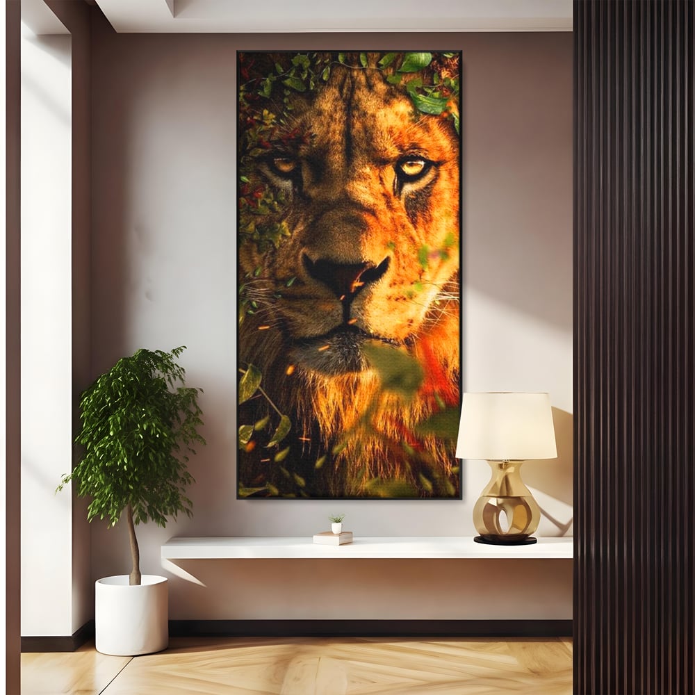 Tablou Canvas Premium, LuxCanva® M1374, Imparatul din Frunze, Natura, Jungla, Frunzis, Camuflaj, Vanator, Animal, Leu, Rege, Privire, Birou, Living, Camera Copil