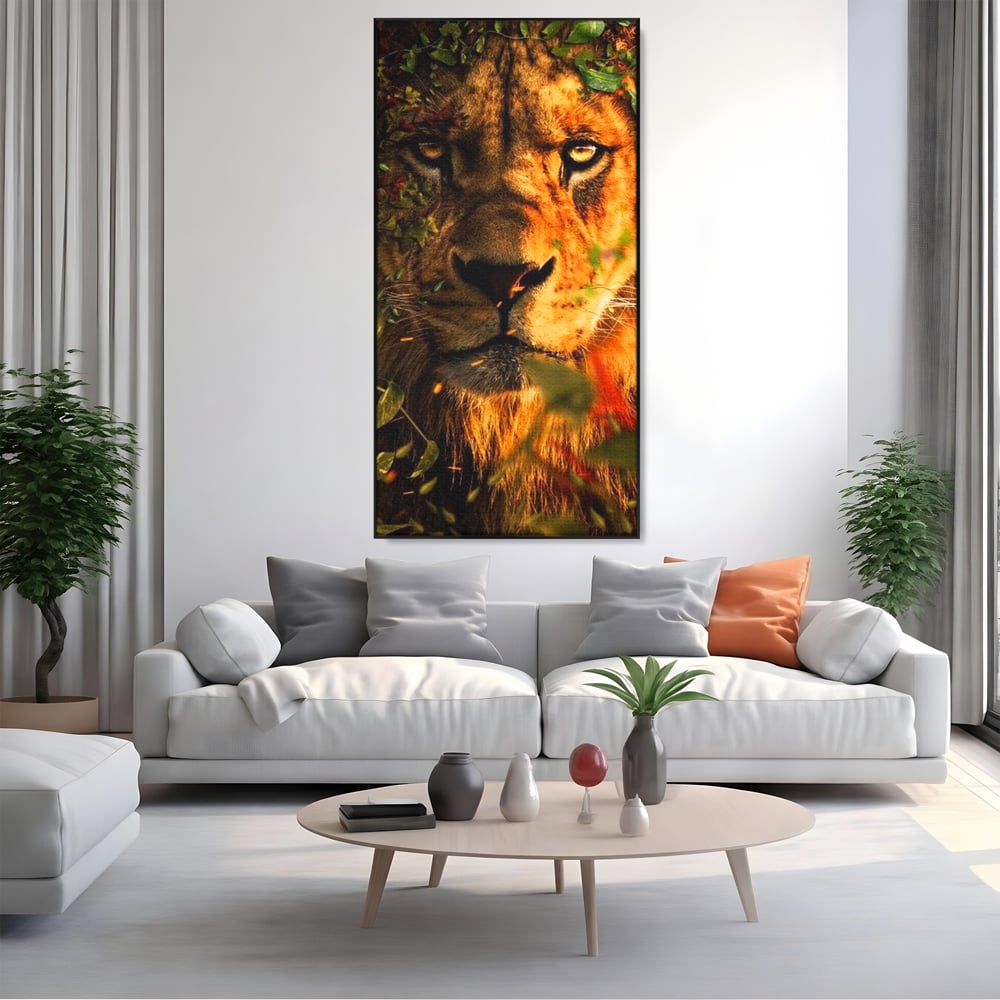 Tablou Canvas Premium, LuxCanva® M1374, Imparatul din Frunze, Natura, Jungla, Frunzis, Camuflaj, Vanator, Animal, Leu, Rege, Privire, Birou, Living, Camera Copil