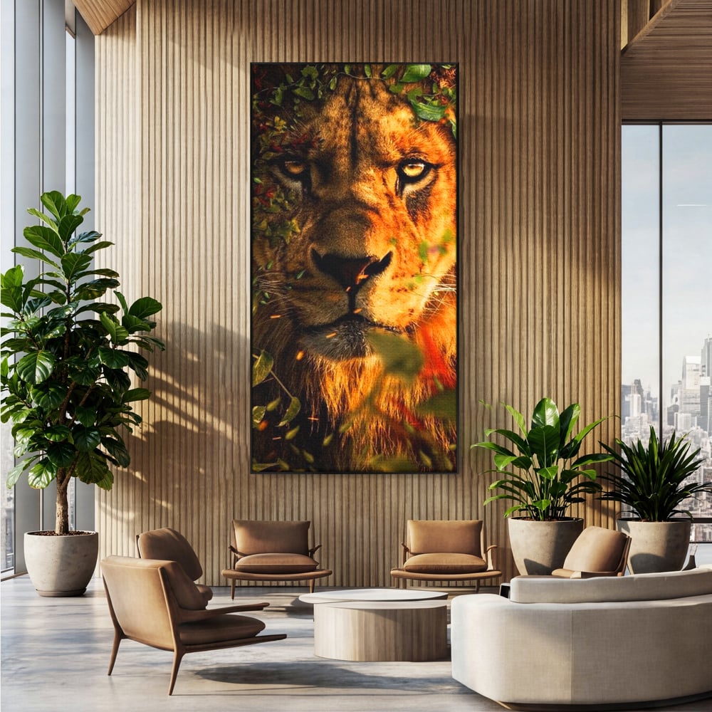 Tablou Canvas Premium, LuxCanva® M1374, Imparatul din Frunze, Natura, Jungla, Frunzis, Camuflaj, Vanator, Animal, Leu, Rege, Privire, Birou, Living, Camera Copil