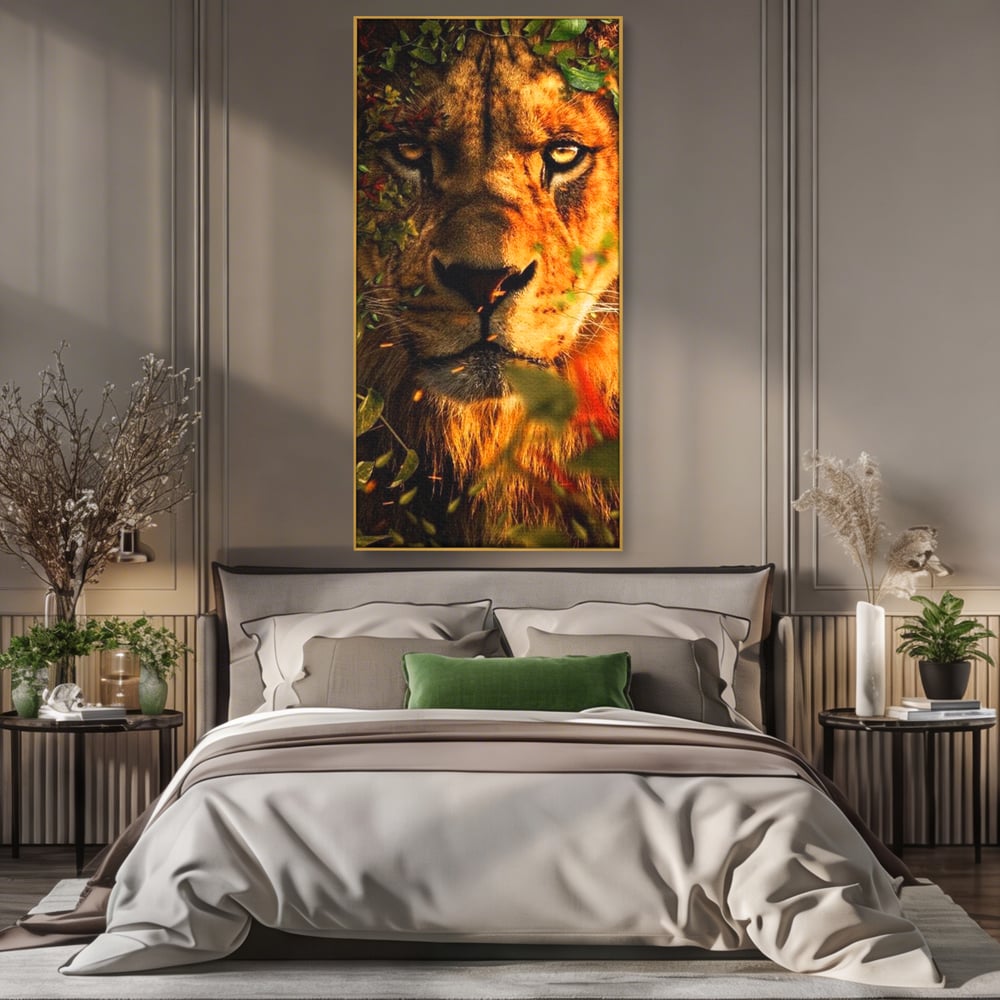 Tablou Canvas Premium, LuxCanva® M1374, Imparatul din Frunze, Natura, Jungla, Frunzis, Camuflaj, Vanator, Animal, Leu, Rege, Privire, Birou, Living, Camera Copil