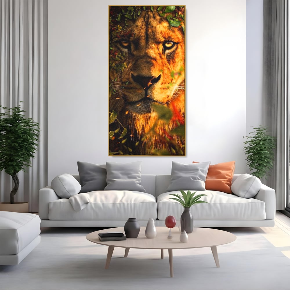 Tablou Canvas Premium, LuxCanva® M1374, Imparatul din Frunze, Natura, Jungla, Frunzis, Camuflaj, Vanator, Animal, Leu, Rege, Privire, Birou, Living, Camera Copil