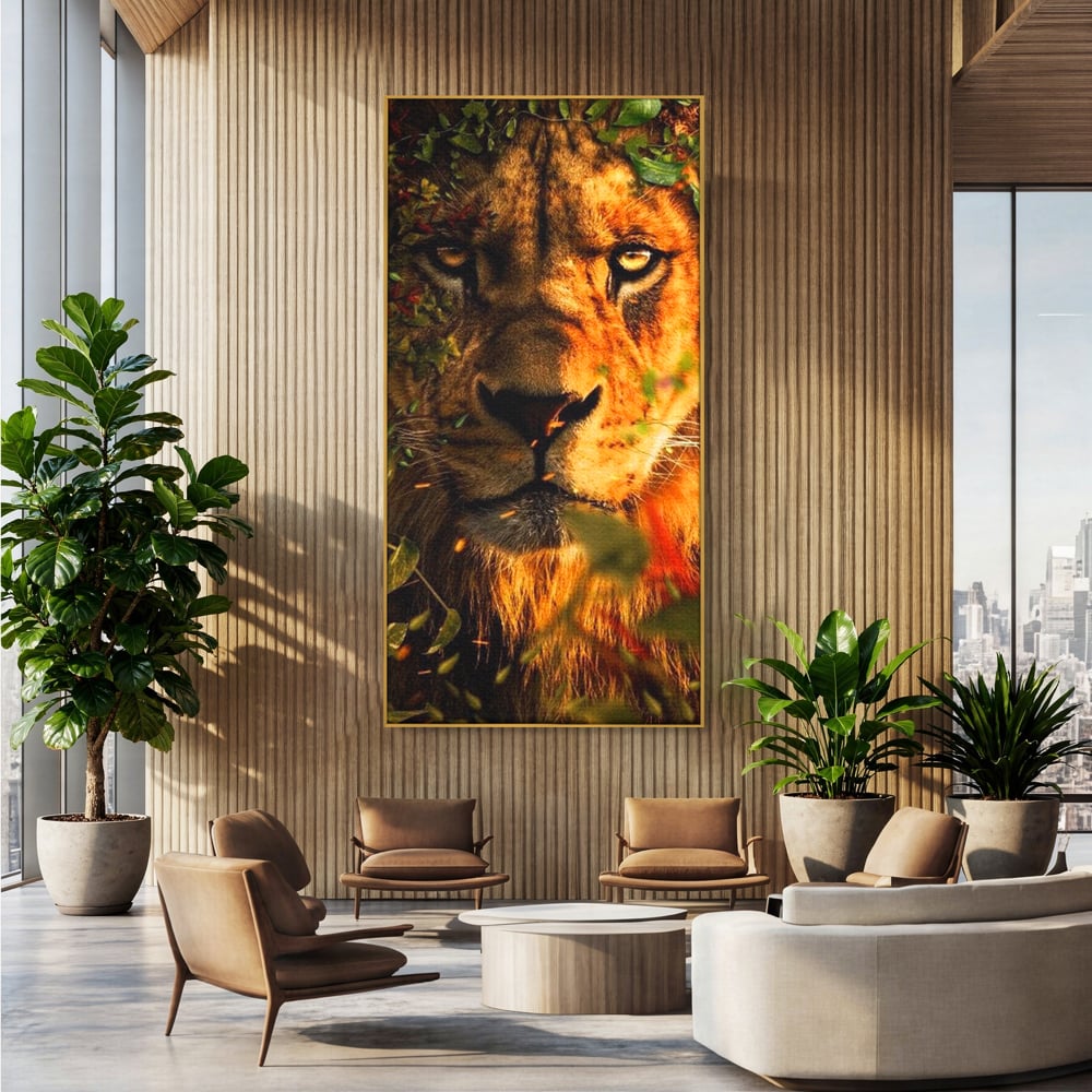 Tablou Canvas Premium, LuxCanva® M1374, Imparatul din Frunze, Natura, Jungla, Frunzis, Camuflaj, Vanator, Animal, Leu, Rege, Privire, Birou, Living, Camera Copil
