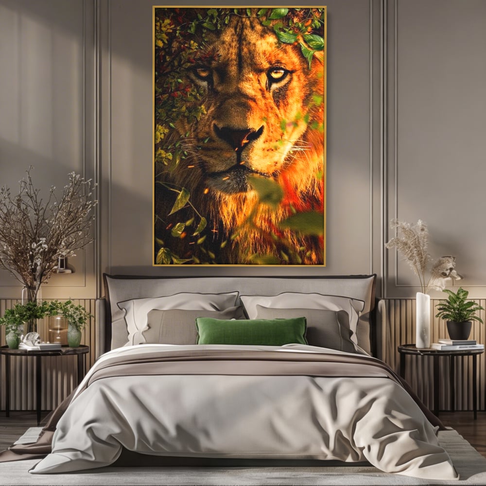Tablou Canvas Premium, LuxCanva® M1374, Imparatul din Frunze, Natura, Jungla, Frunzis, Camuflaj, Vanator, Animal, Leu, Rege, Privire, Birou, Living, Camera Copil