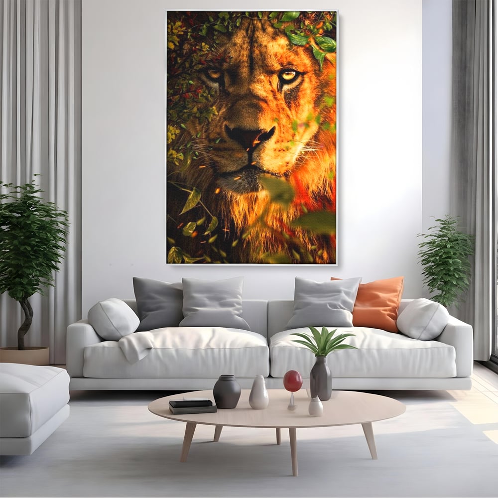 Tablou Canvas Premium, LuxCanva® M1374, Imparatul din Frunze, Natura, Jungla, Frunzis, Camuflaj, Vanator, Animal, Leu, Rege, Privire, Birou, Living, Camera Copil
