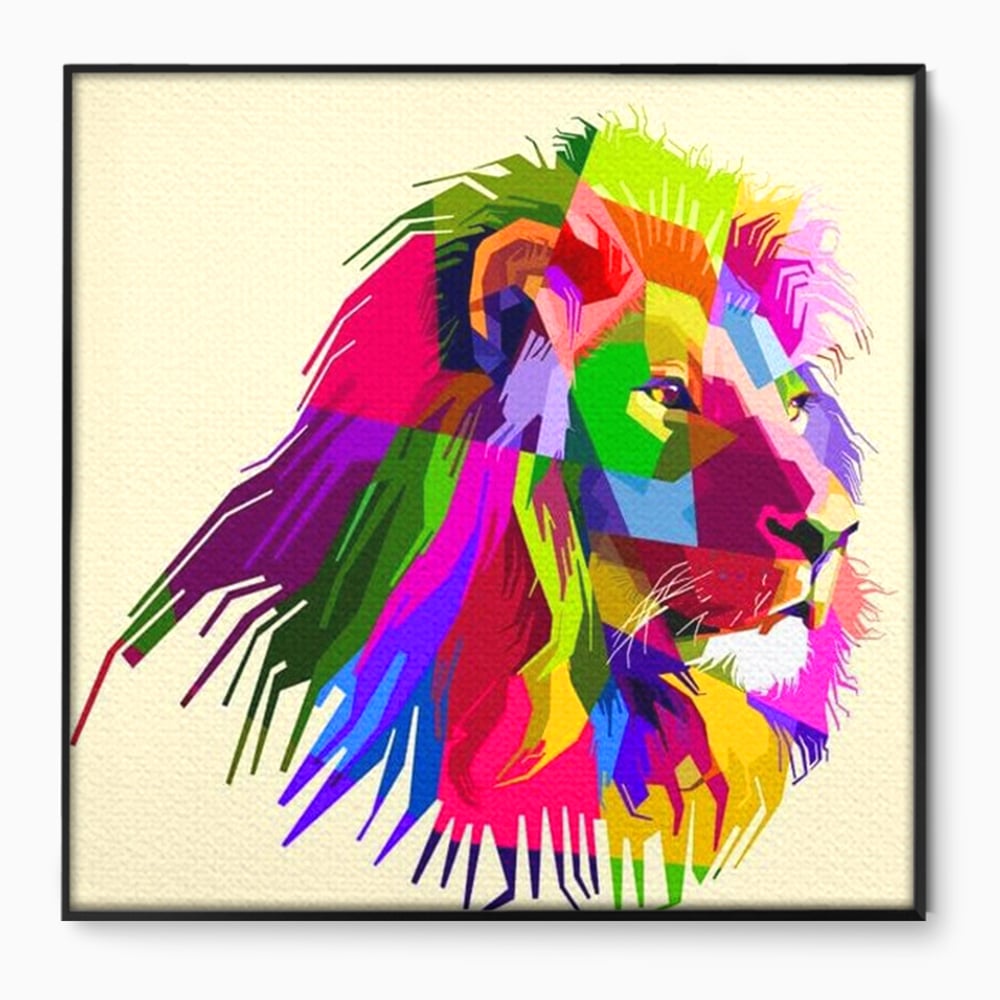 Premium-Leinwandkunst, LuxCanva® M1376, Starke Farbe, Löwe, Pop Art, Modern, Bunt, Lebendig, Urban, Portrait, Neon, Künstlerisch, Büro, Wohnen, Kinderzimmer
