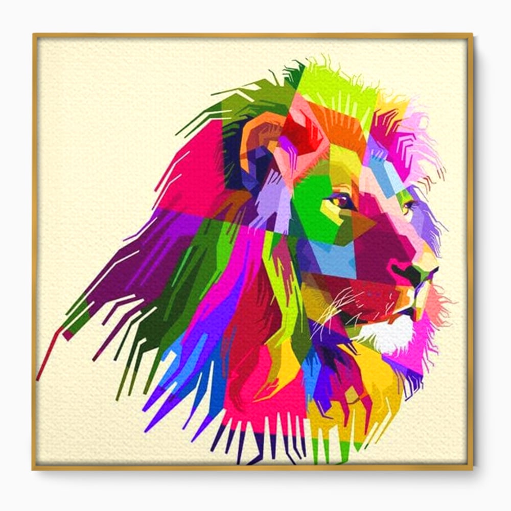 Premium-Leinwandkunst, LuxCanva® M1376, Starke Farbe, Löwe, Pop Art, Modern, Bunt, Lebendig, Urban, Portrait, Neon, Künstlerisch, Büro, Wohnen, Kinderzimmer