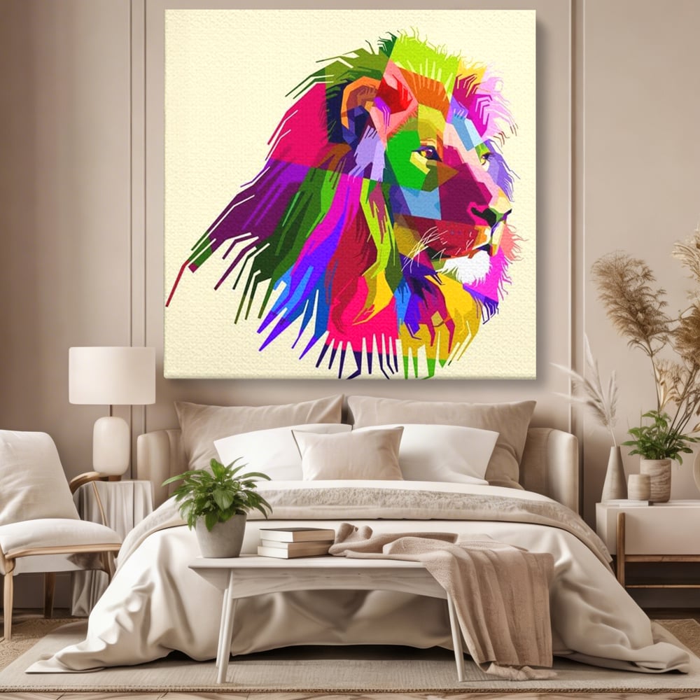 Premium-Leinwandkunst, LuxCanva® M1376, Starke Farbe, Löwe, Pop Art, Modern, Bunt, Lebendig, Urban, Portrait, Neon, Künstlerisch, Büro, Wohnen, Kinderzimmer