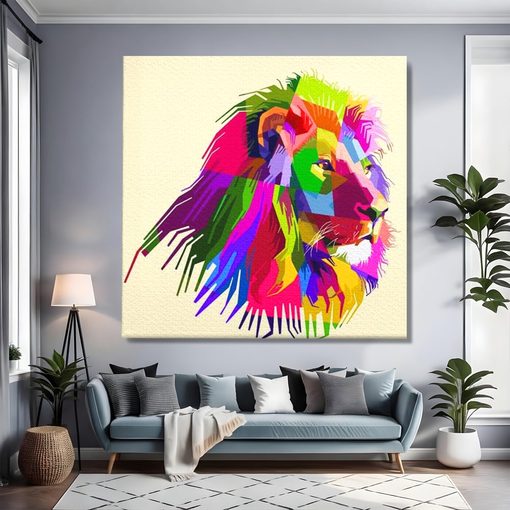 Premium-Leinwandkunst, LuxCanva® M1376, Starke Farbe, Löwe, Pop Art, Modern, Bunt, Lebendig, Urban, Portrait, Neon, Künstlerisch, Büro, Wohnen, Kinderzimmer