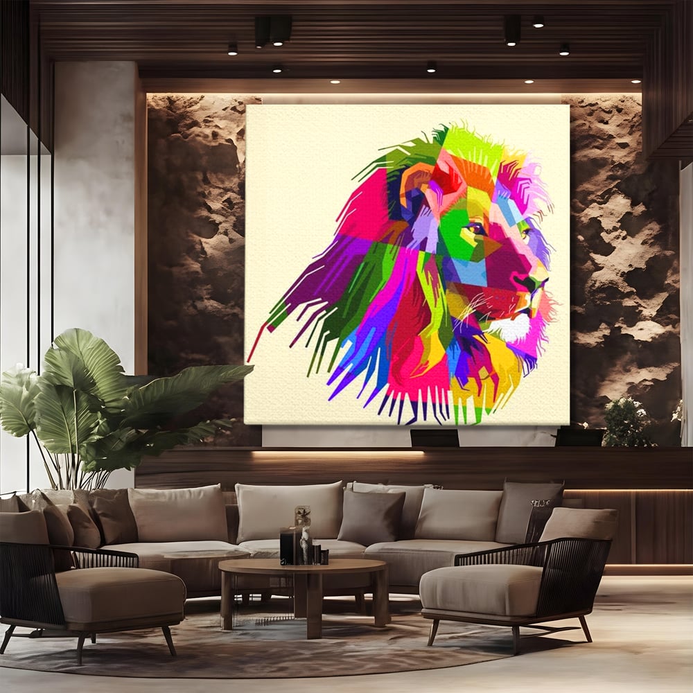 Premium-Leinwandkunst, LuxCanva® M1376, Starke Farbe, Löwe, Pop Art, Modern, Bunt, Lebendig, Urban, Portrait, Neon, Künstlerisch, Büro, Wohnen, Kinderzimmer