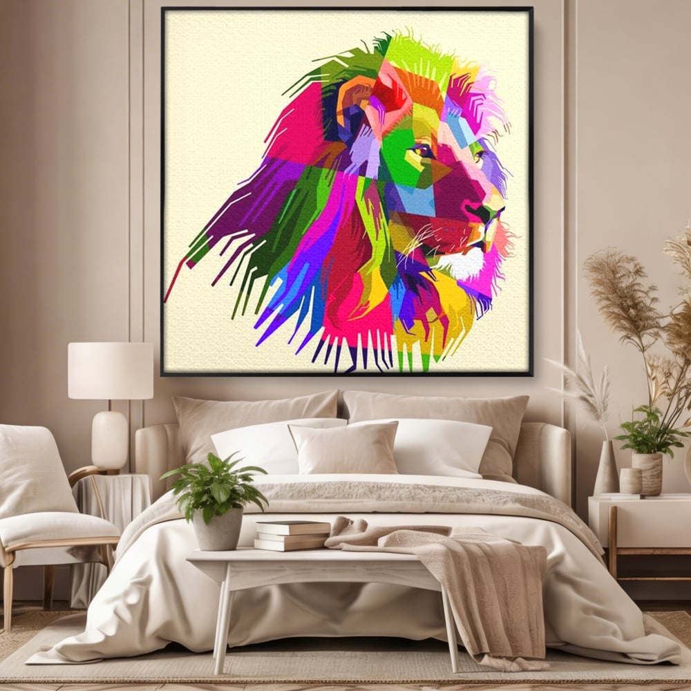Premium-Leinwandkunst, LuxCanva® M1376, Starke Farbe, Löwe, Pop Art, Modern, Bunt, Lebendig, Urban, Portrait, Neon, Künstlerisch, Büro, Wohnen, Kinderzimmer