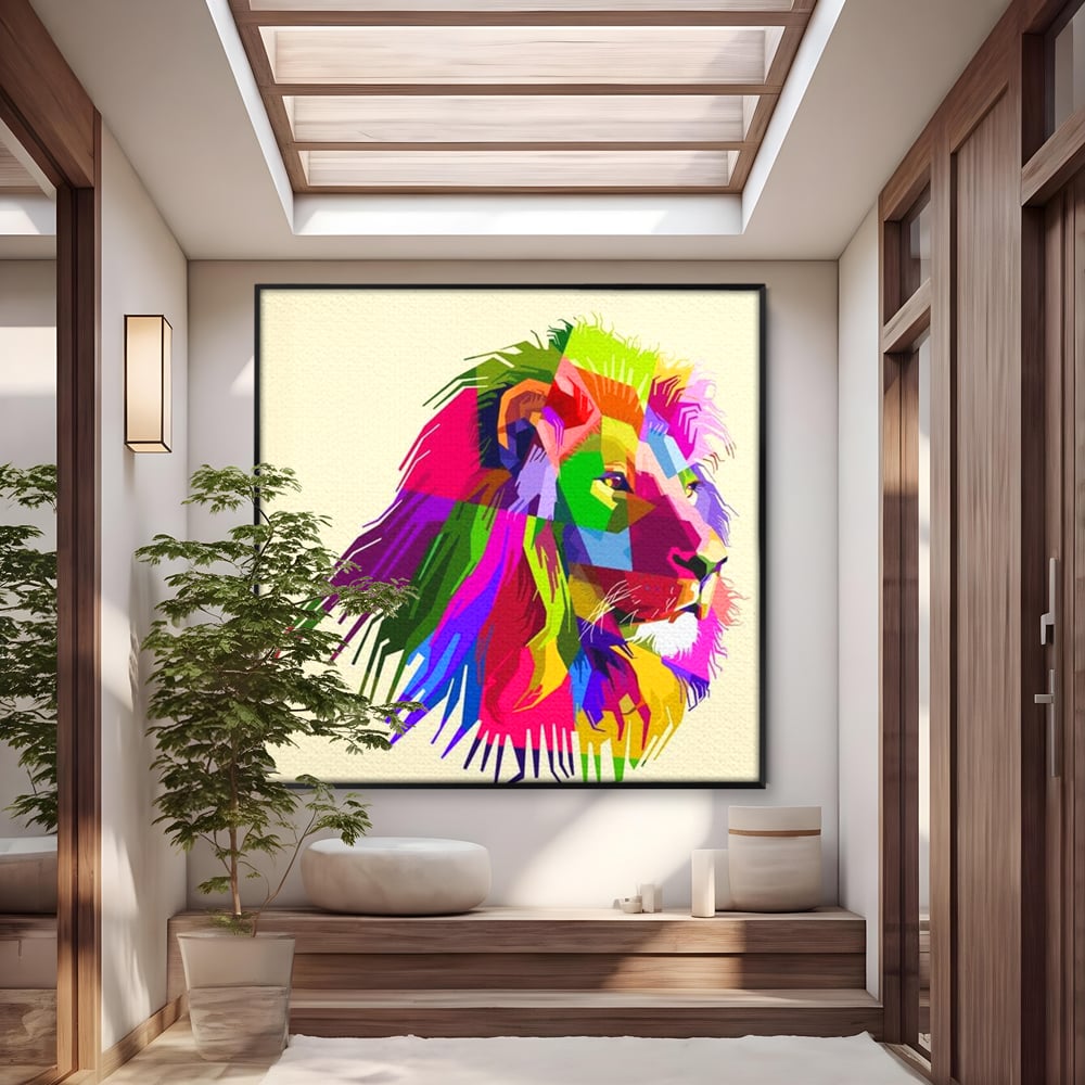 Premium-Leinwandkunst, LuxCanva® M1376, Starke Farbe, Löwe, Pop Art, Modern, Bunt, Lebendig, Urban, Portrait, Neon, Künstlerisch, Büro, Wohnen, Kinderzimmer