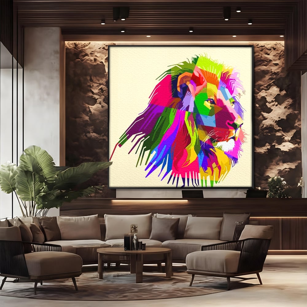 Premium-Leinwandkunst, LuxCanva® M1376, Starke Farbe, Löwe, Pop Art, Modern, Bunt, Lebendig, Urban, Portrait, Neon, Künstlerisch, Büro, Wohnen, Kinderzimmer