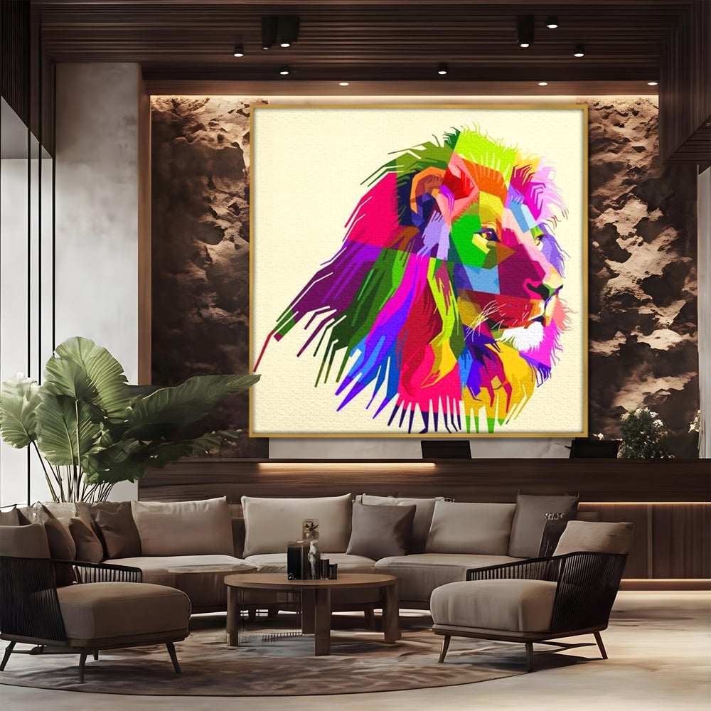 Premium-Leinwandkunst, LuxCanva® M1376, Starke Farbe, Löwe, Pop Art, Modern, Bunt, Lebendig, Urban, Portrait, Neon, Künstlerisch, Büro, Wohnen, Kinderzimmer