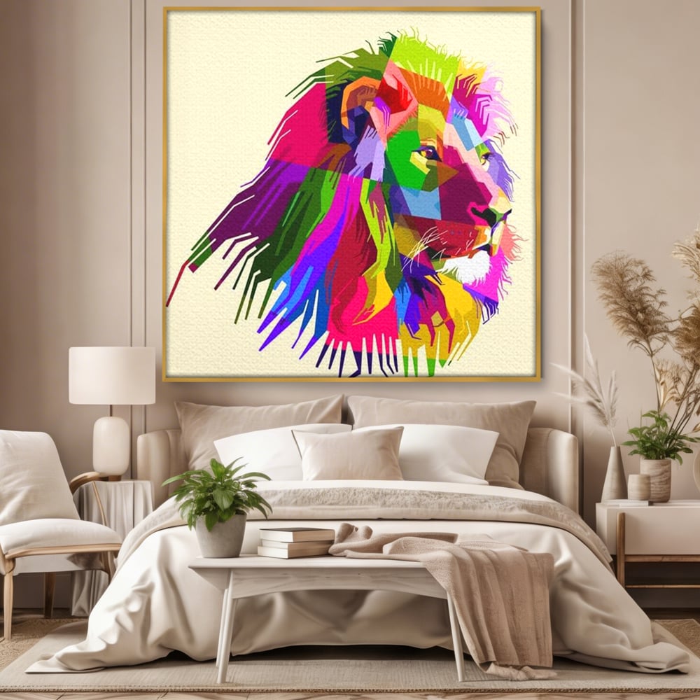 Premium-Leinwandkunst, LuxCanva® M1376, Starke Farbe, Löwe, Pop Art, Modern, Bunt, Lebendig, Urban, Portrait, Neon, Künstlerisch, Büro, Wohnen, Kinderzimmer