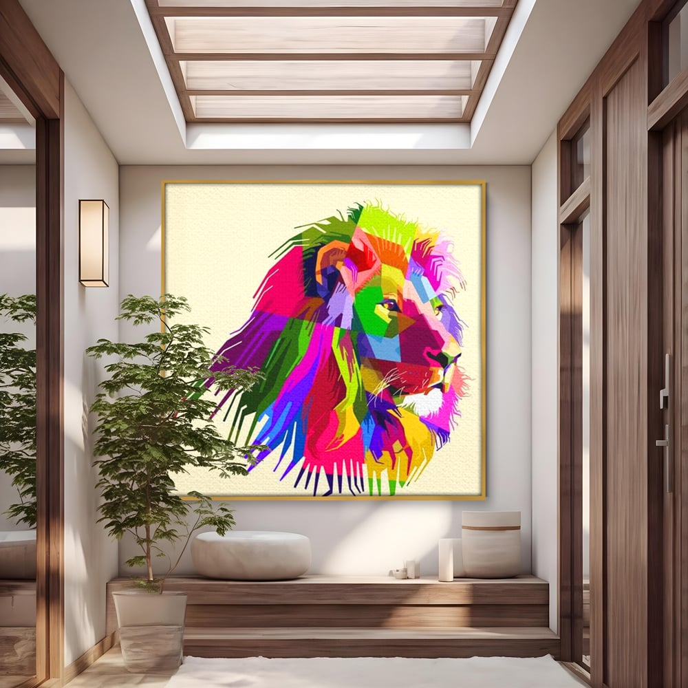 Premium-Leinwandkunst, LuxCanva® M1376, Starke Farbe, Löwe, Pop Art, Modern, Bunt, Lebendig, Urban, Portrait, Neon, Künstlerisch, Büro, Wohnen, Kinderzimmer