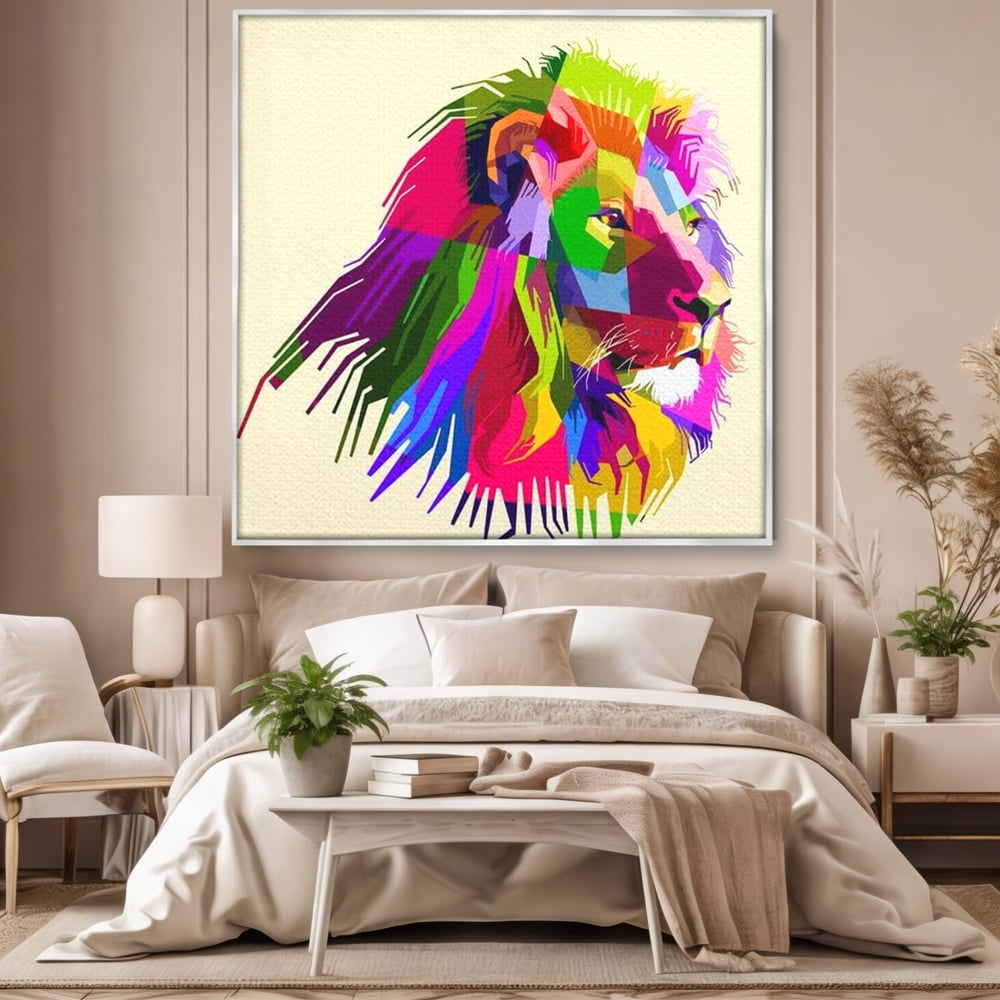 Premium-Leinwandkunst, LuxCanva® M1376, Starke Farbe, Löwe, Pop Art, Modern, Bunt, Lebendig, Urban, Portrait, Neon, Künstlerisch, Büro, Wohnen, Kinderzimmer