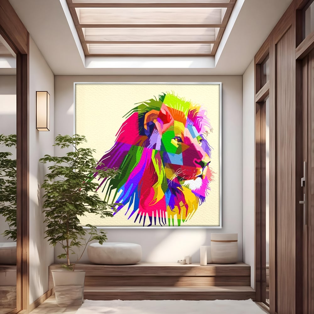 Premium-Leinwandkunst, LuxCanva® M1376, Starke Farbe, Löwe, Pop Art, Modern, Bunt, Lebendig, Urban, Portrait, Neon, Künstlerisch, Büro, Wohnen, Kinderzimmer