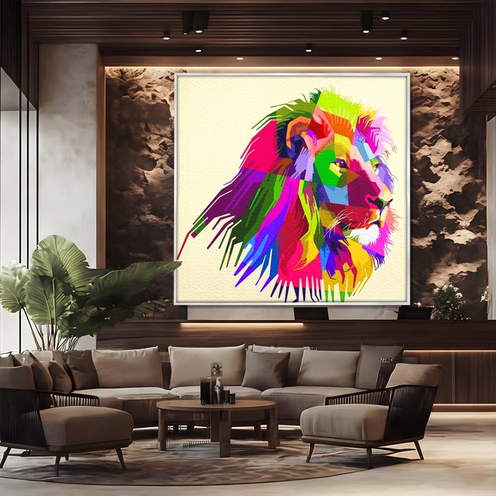 Premium-Leinwandkunst, LuxCanva® M1376, Starke Farbe, Löwe, Pop Art, Modern, Bunt, Lebendig, Urban, Portrait, Neon, Künstlerisch, Büro, Wohnen, Kinderzimmer