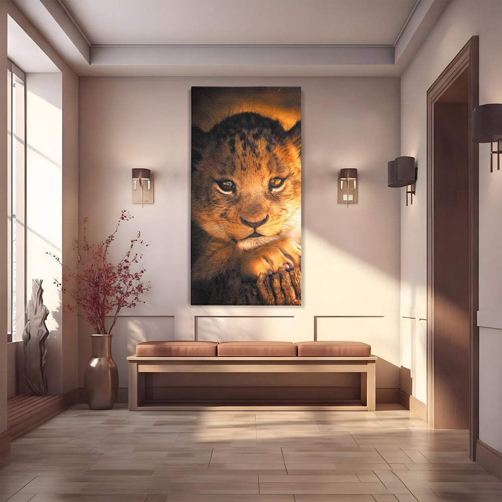 Leinwandbilder Premium, LuxCanva® M1377, Kleiner König, Erbe, Dynastie, Huhn, Löwe, Unschuld, Kindheit, Portrait, Licht, Sonnenaufgang, Büro, Wohnen, Kinderzimmer