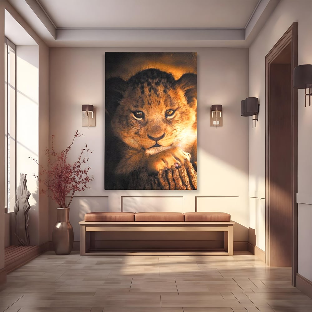 Leinwandbilder Premium, LuxCanva® M1377, Kleiner König, Erbe, Dynastie, Huhn, Löwe, Unschuld, Kindheit, Portrait, Licht, Sonnenaufgang, Büro, Wohnen, Kinderzimmer