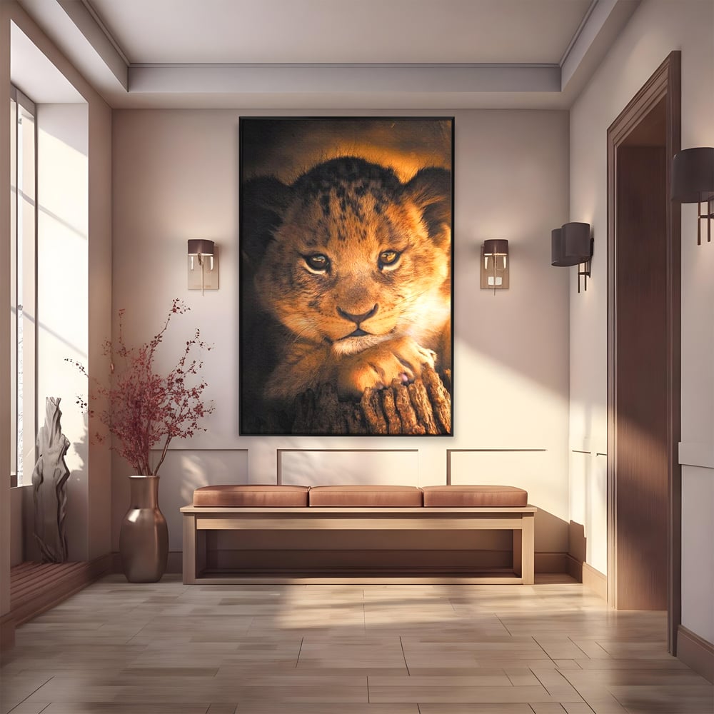 Leinwandbilder Premium, LuxCanva® M1377, Kleiner König, Erbe, Dynastie, Huhn, Löwe, Unschuld, Kindheit, Portrait, Licht, Sonnenaufgang, Büro, Wohnen, Kinderzimmer