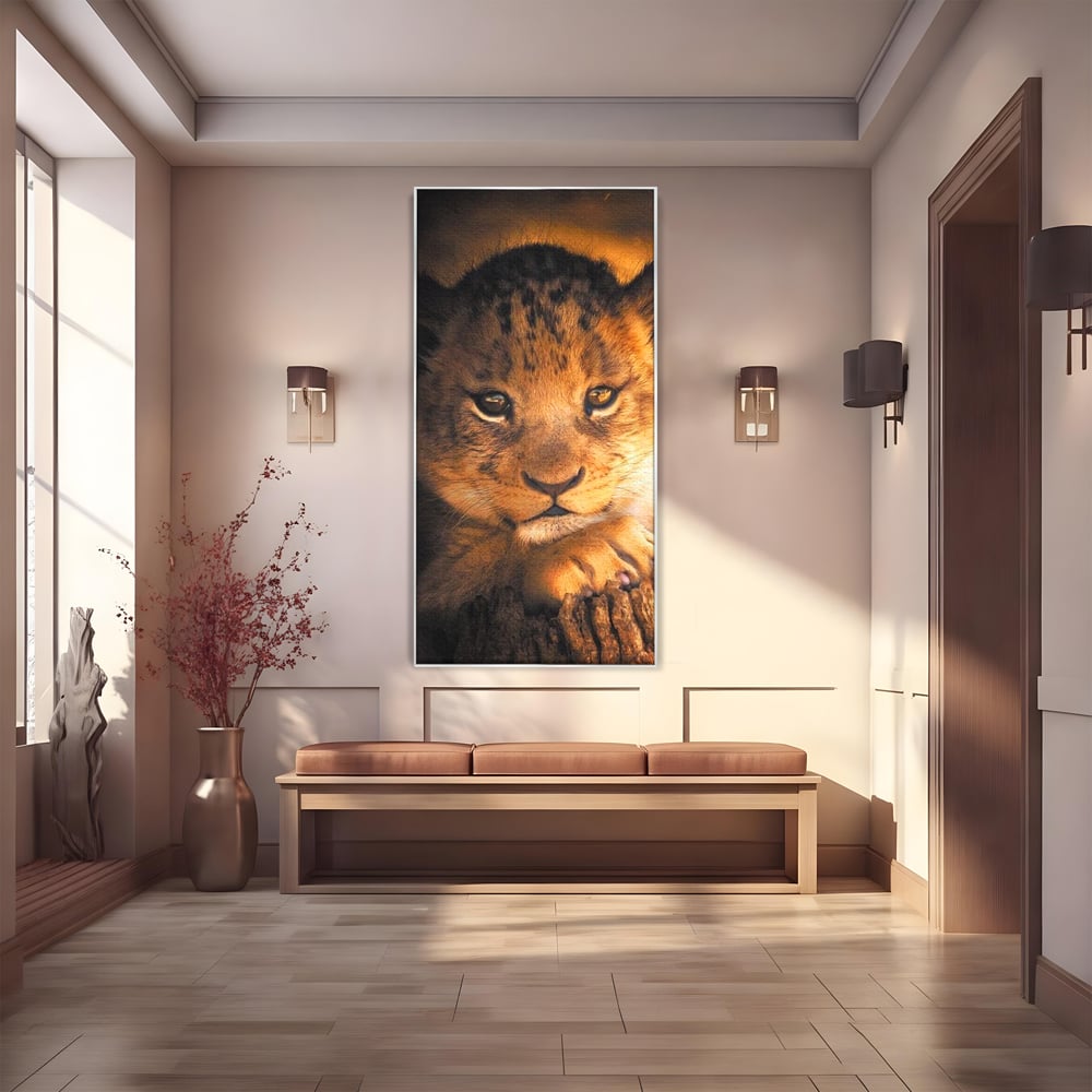 Leinwandbilder Premium, LuxCanva® M1377, Kleiner König, Erbe, Dynastie, Huhn, Löwe, Unschuld, Kindheit, Portrait, Licht, Sonnenaufgang, Büro, Wohnen, Kinderzimmer