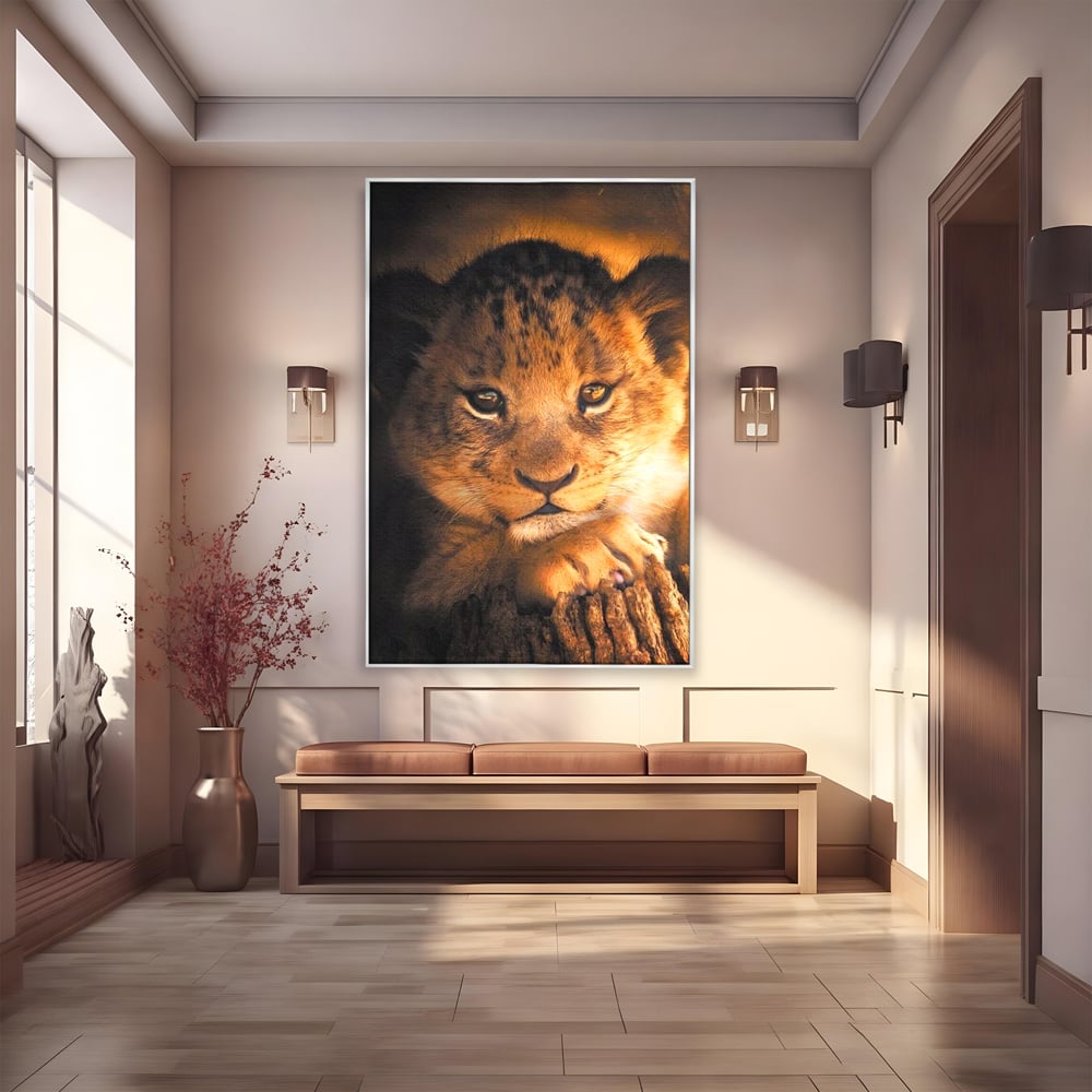 Leinwandbilder Premium, LuxCanva® M1377, Kleiner König, Erbe, Dynastie, Huhn, Löwe, Unschuld, Kindheit, Portrait, Licht, Sonnenaufgang, Büro, Wohnen, Kinderzimmer