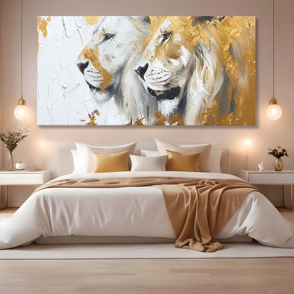 Tablou Canvas Premium, LuxCanva® M1378, Regele si Regina Junglei, Lei, Cuplu, Legatura, Pereche, Animale, Jungla, Iubire, Splendoare, Eleganta, Birou, Living, Camera Copil