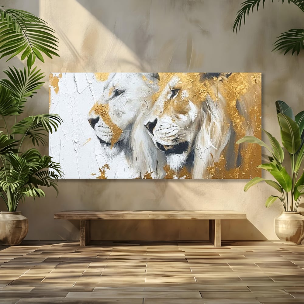 Tablou Canvas Premium, LuxCanva® M1378, Regele si Regina Junglei, Lei, Cuplu, Legatura, Pereche, Animale, Jungla, Iubire, Splendoare, Eleganta, Birou, Living, Camera Copil